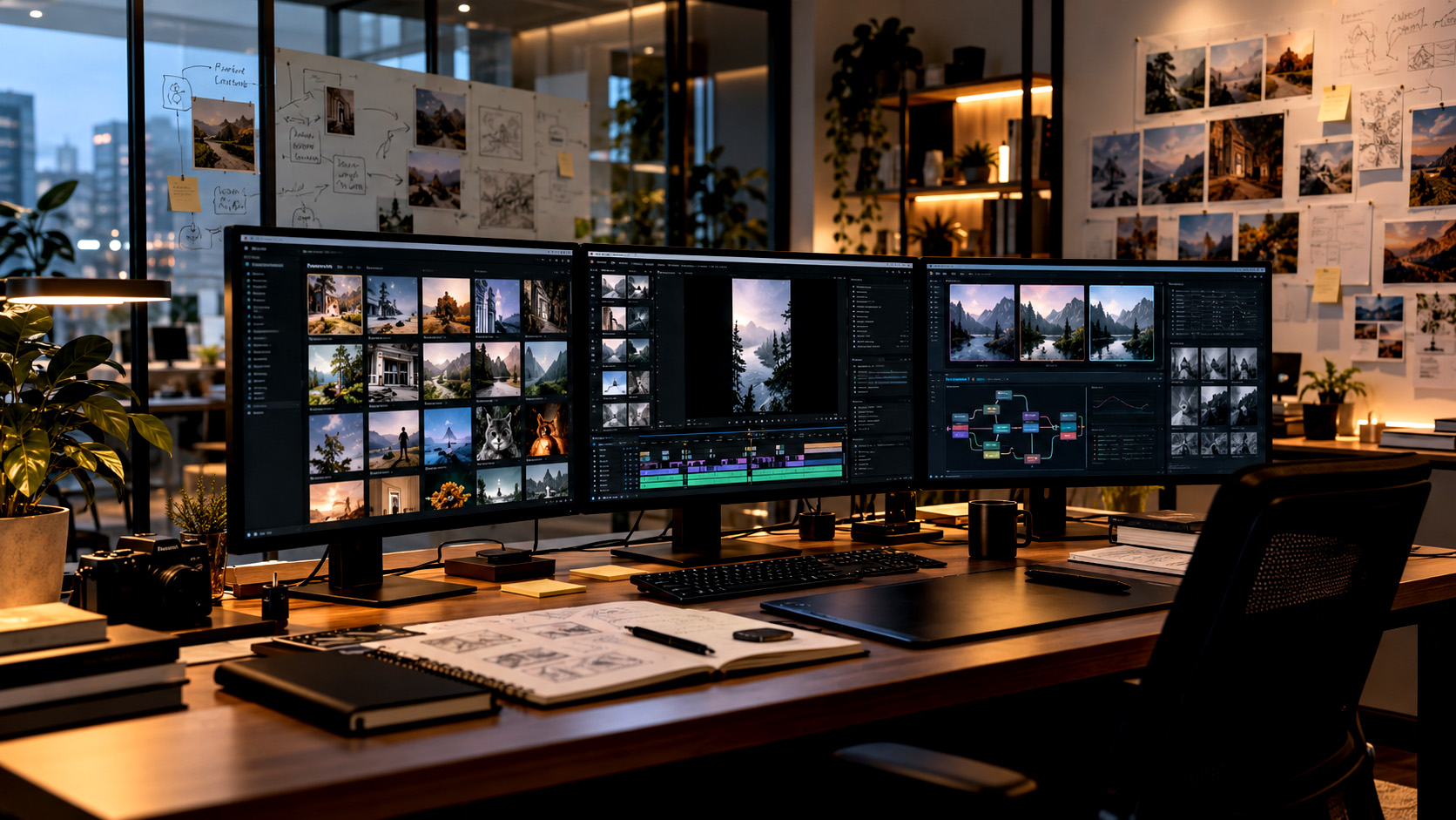 AI Lab workspace with multiple monitors for image variants, a video timeline, analytics and workflow orchestration